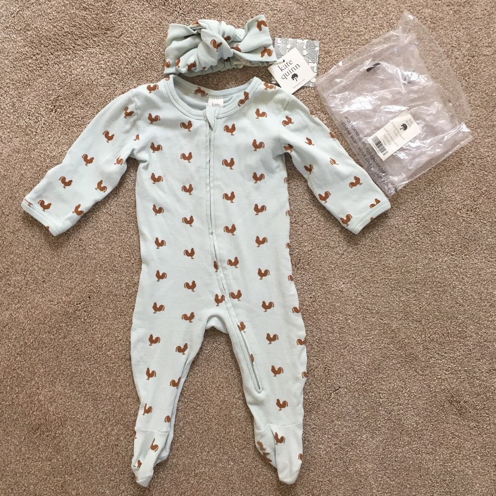 kate quinn zipper footie | headband | small rooster scatter | like NEW